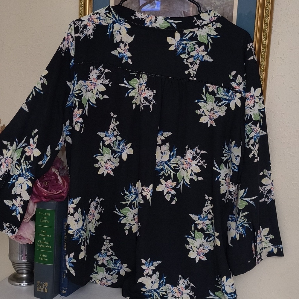 Floral V-Neck Flowy Blouse Size Large Career Office Business Casual - Picture 7 of 8